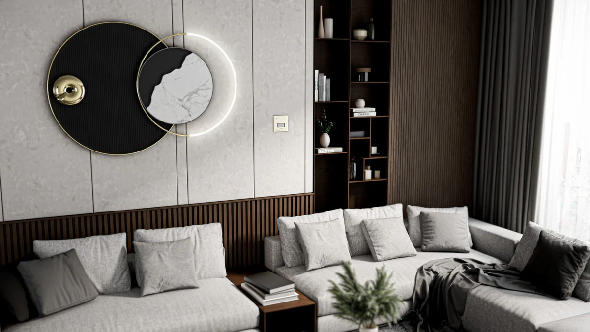 Plumis Automist living room CGI, black and white modern colourway