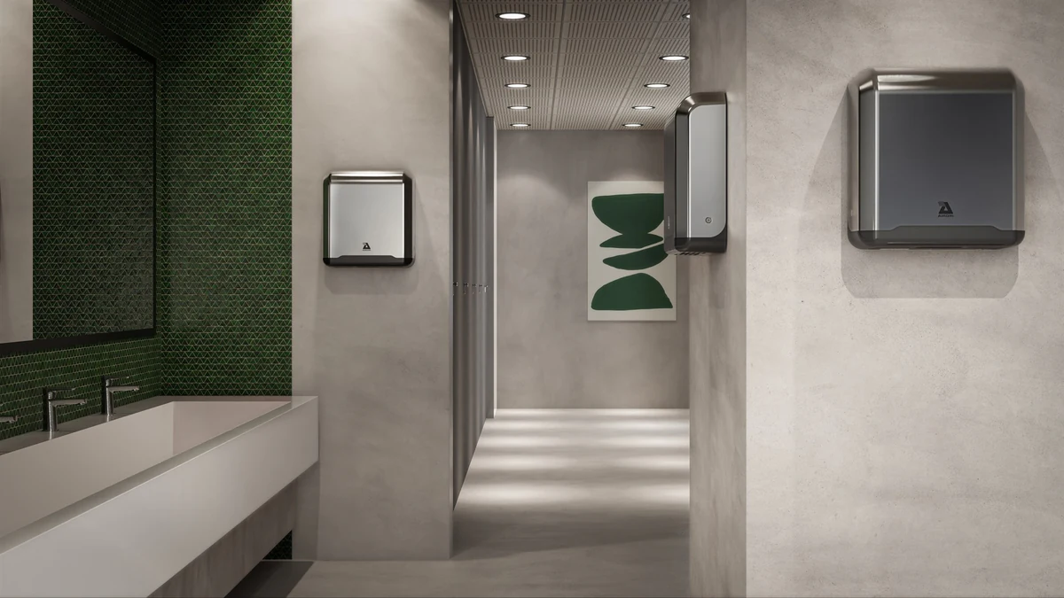 Airdri hand dryer green-palette washroom interior render, variation 2