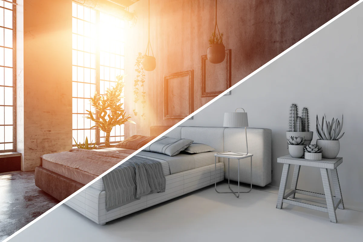 3D bedroom render, half finished and half wireframe