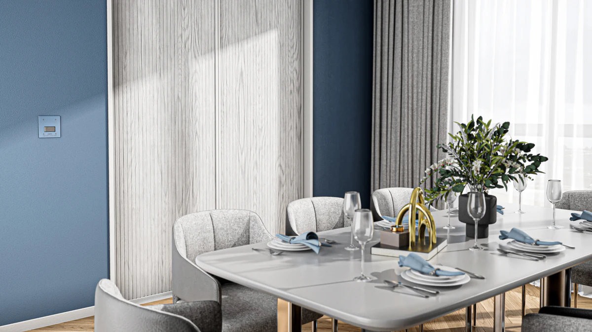 Plumis Automist dining room CGI, white and light blue colourway