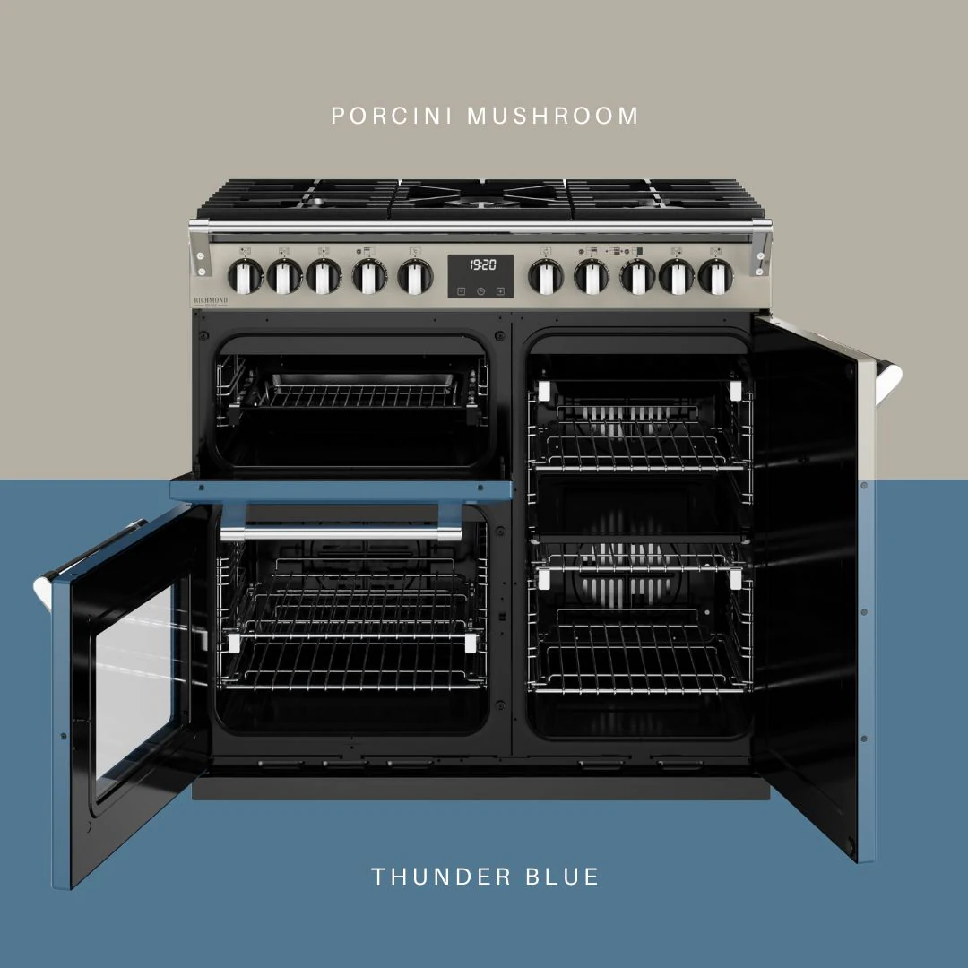Glen Dimplex stove cookers, Porcini Mushroom and Thunder Blue paired composition