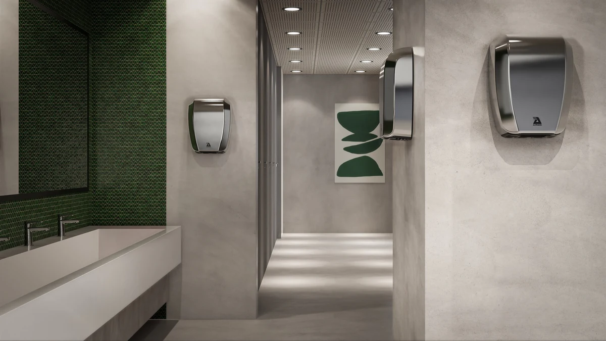 Airdri hand dryer green-palette washroom interior render, variation 22