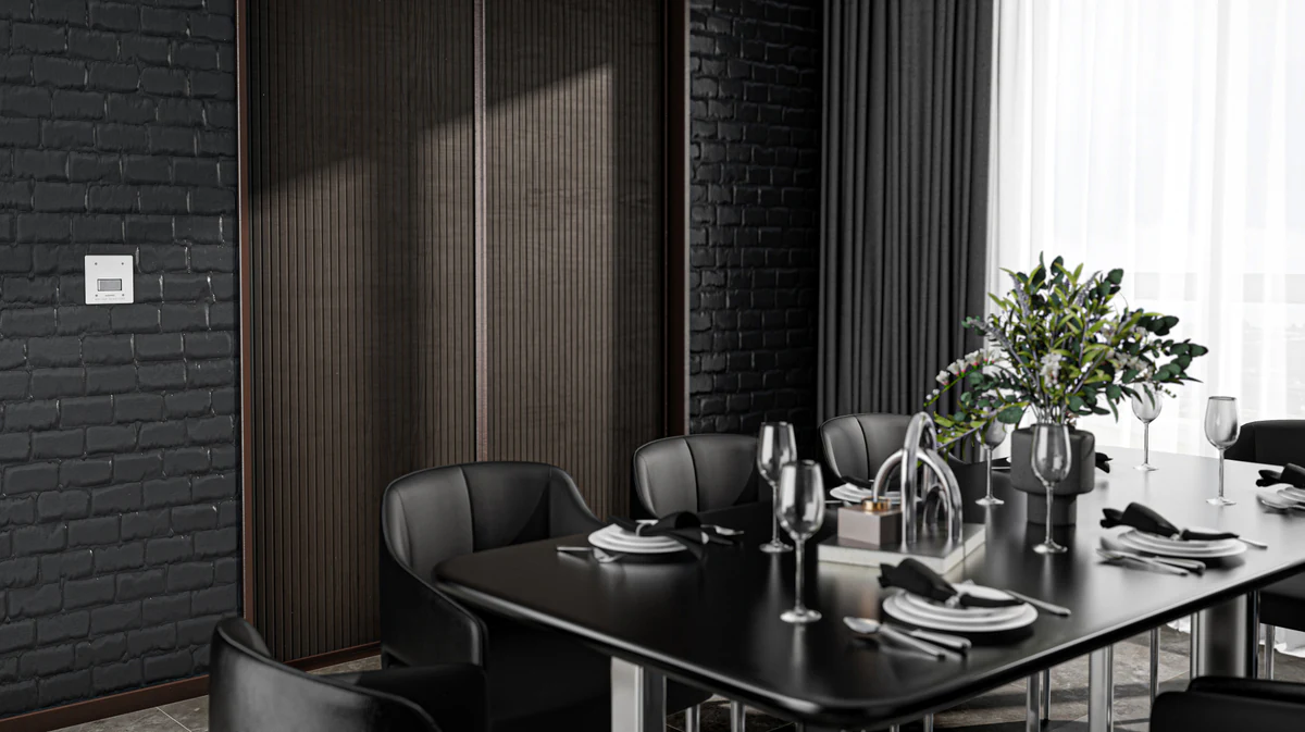 Plumis Automist dining room CGI, dark brick colourway