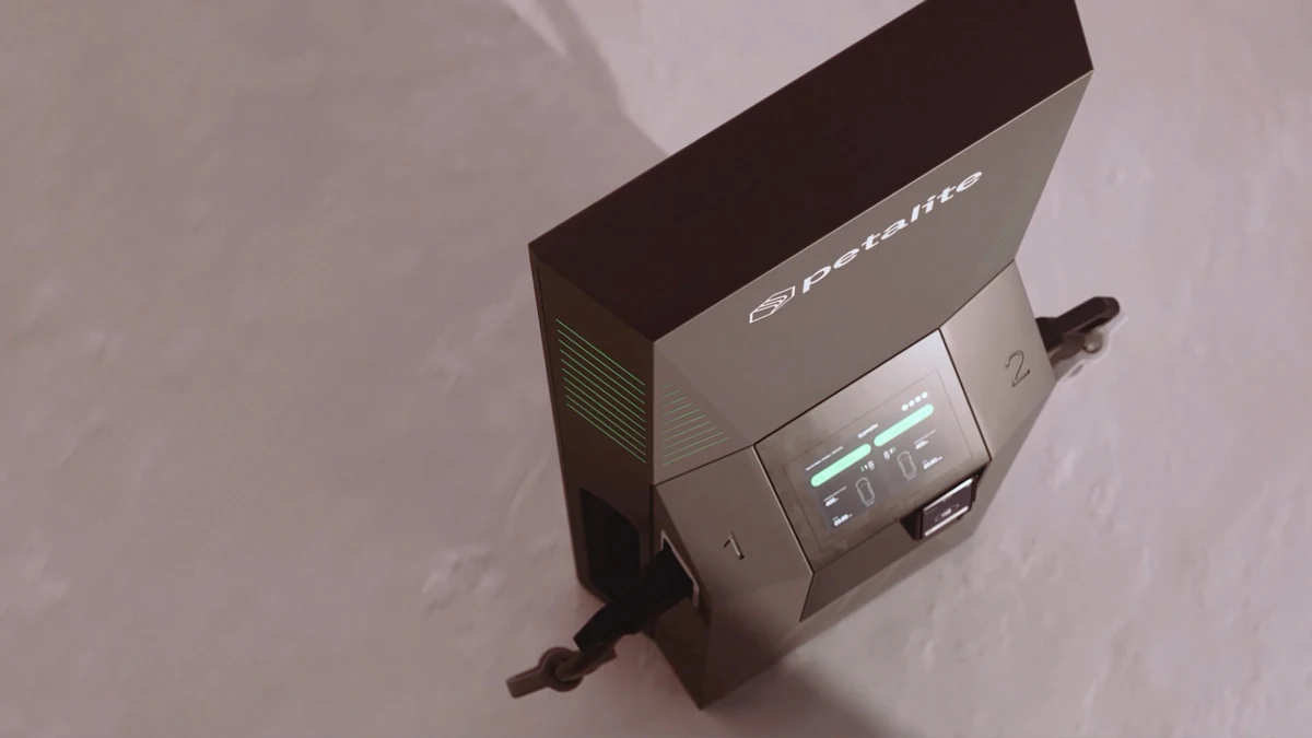 High-resolution 3D still render of the Petalite EV charging system showing detailed materials, panel lines and key connection features