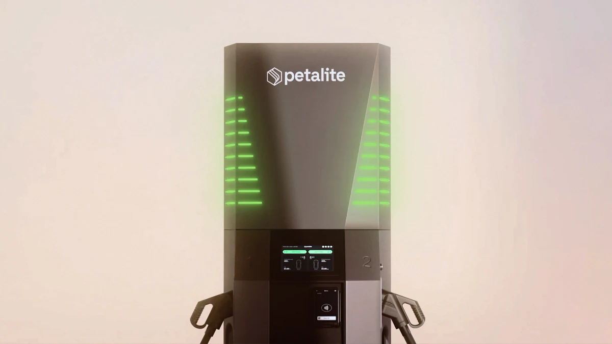 High-resolution 3D still render of the Petalite EV charging system showing the product form, casing details and key access panels