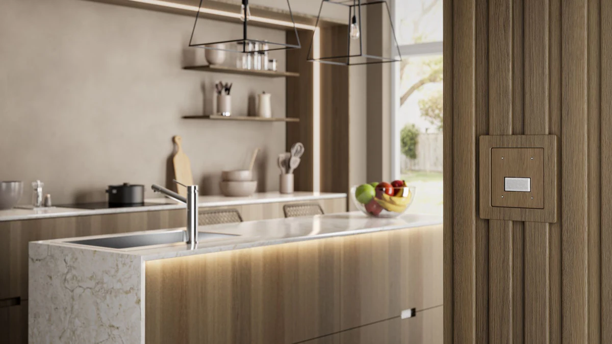 Plumis Automist kitchen CGI, wood panels colourway