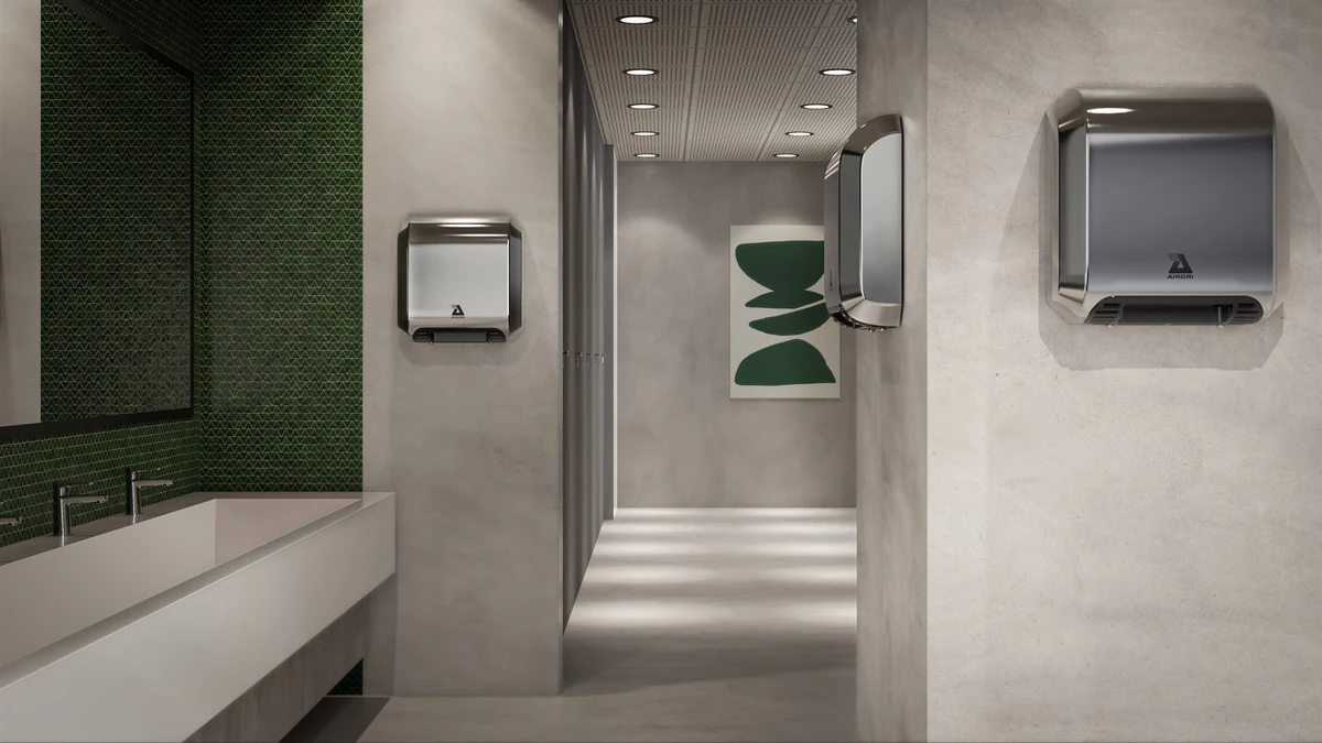 Airdri hand dryer green-palette washroom interior render, variation 23