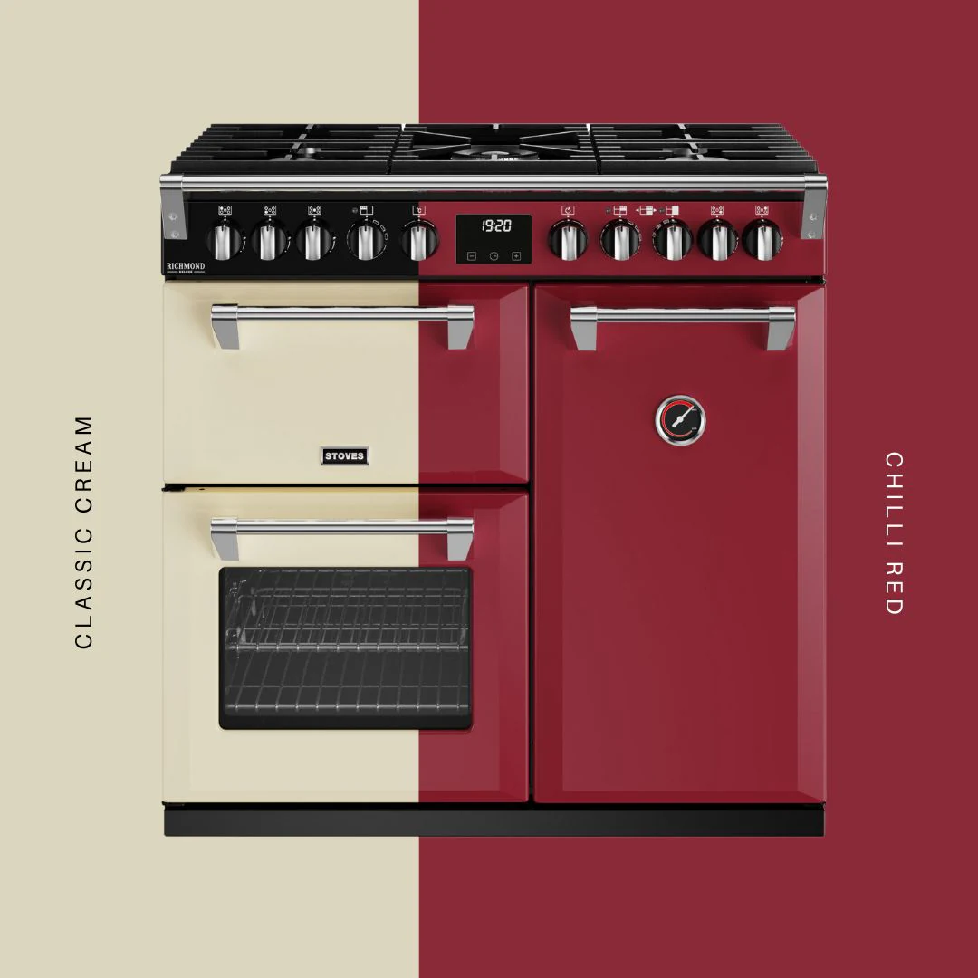 Glen Dimplex stove cookers, split-screen Chilli Red and Classic Cream composition