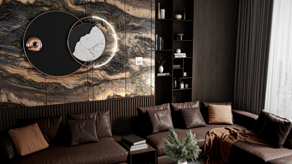 Plumis Automist living room CGI, dark brown and marble colourway