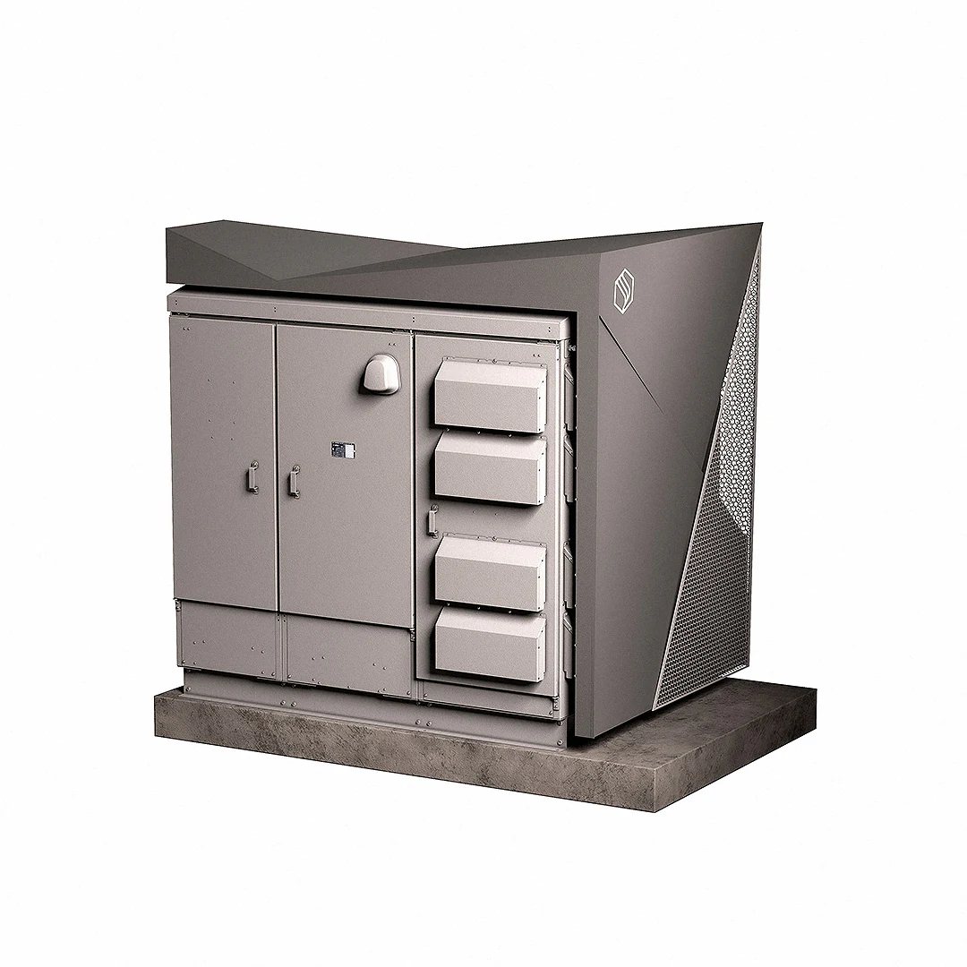 Front view 3D render of the Petalite SDC cabinet showing the door layout, vents, handles and branding area