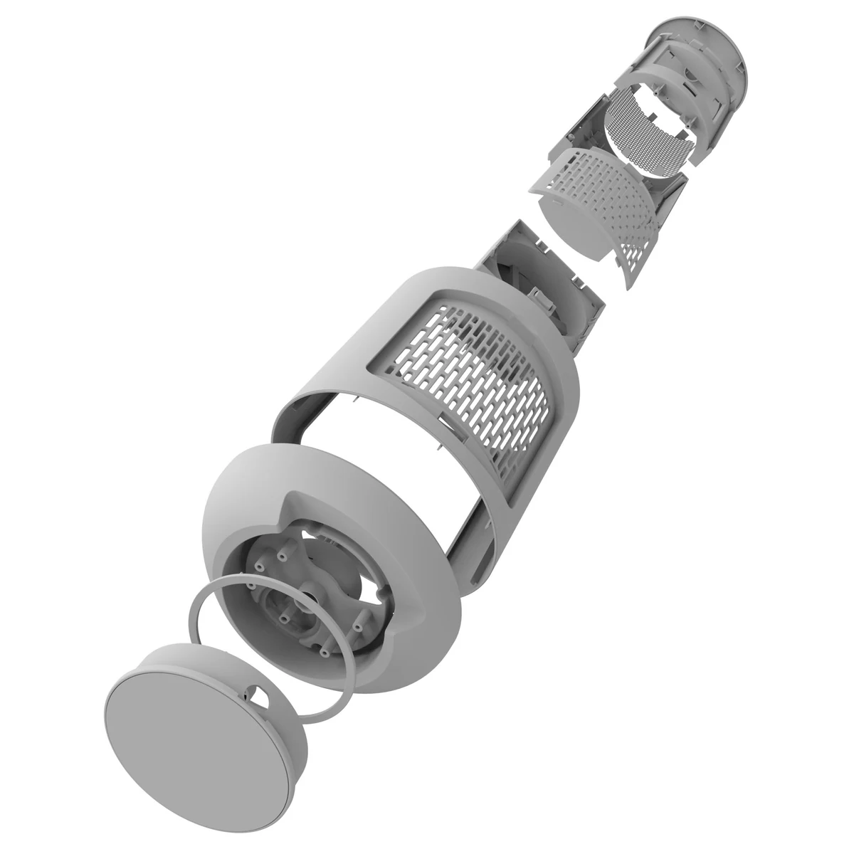 Untextured grey 3D model of a product separated into its component parts
