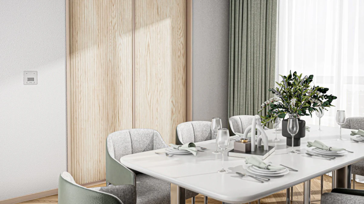 Plumis Automist dining room CGI, white and green colourway