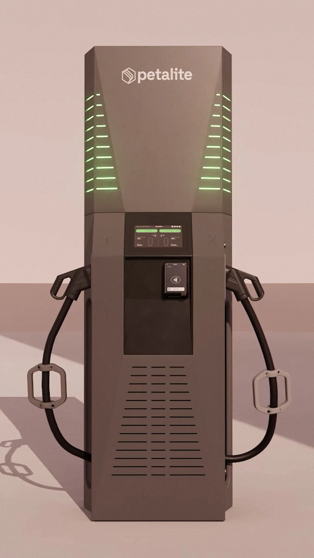 Vertical 3D render of the Petalite EV charging system designed for mobile and social layouts, highlighting the product form and key connection points