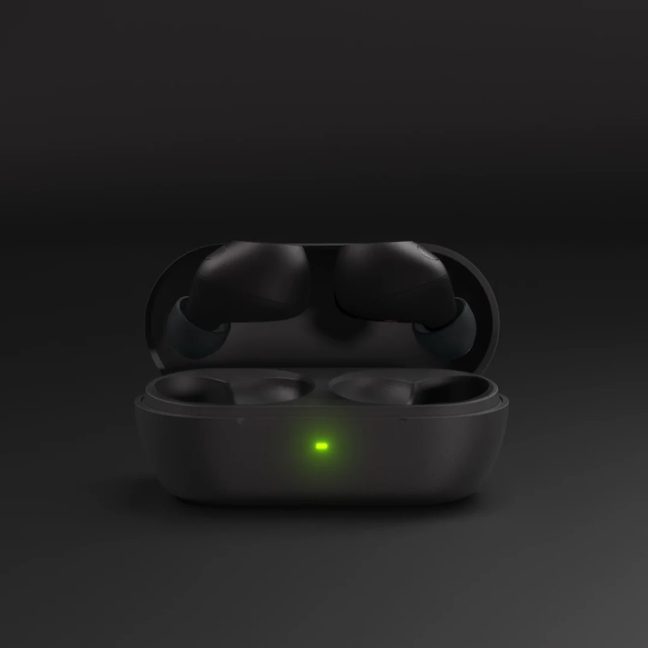Sony wireless earbuds floating against a black background