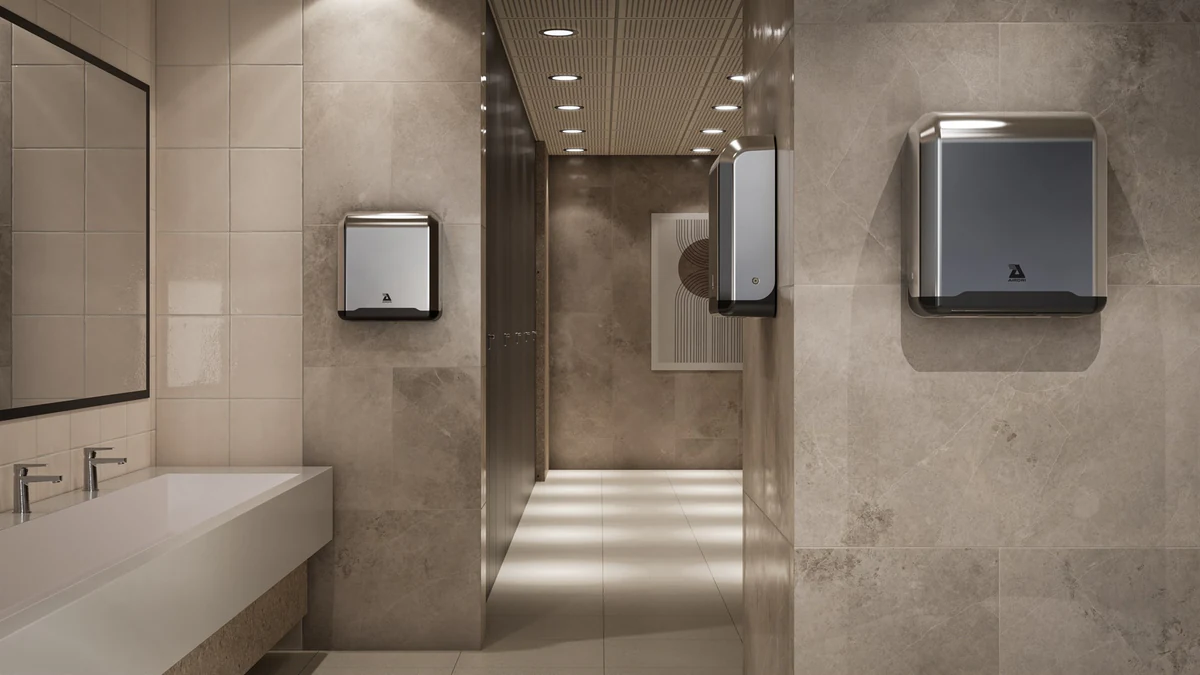 Airdri hand dryer beige-and-brown washroom interior render, variation 1