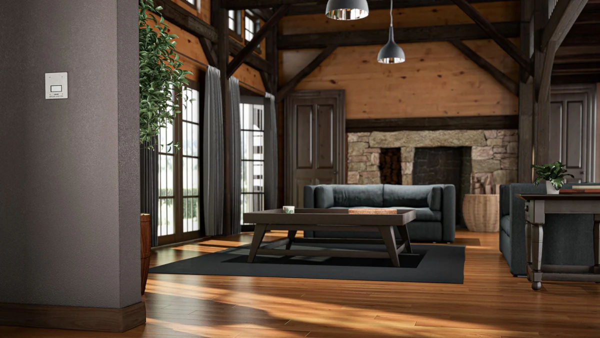 Plumis Automist cabin CGI, grey and wood colourway