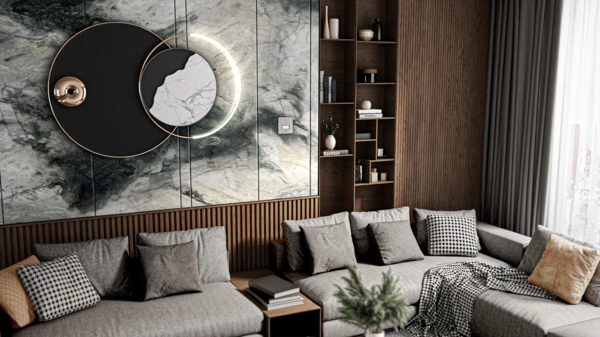 Plumis Automist living room CGI, light grey and marble colourway