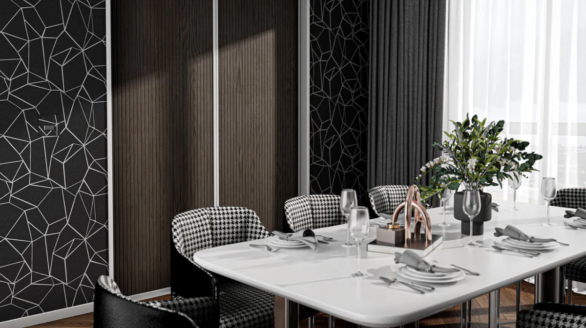 Plumis Automist dining room CGI, dark marble colourway