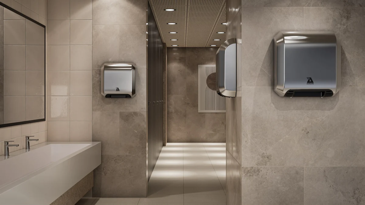 Airdri hand dryer beige-and-brown washroom interior render, variation 13