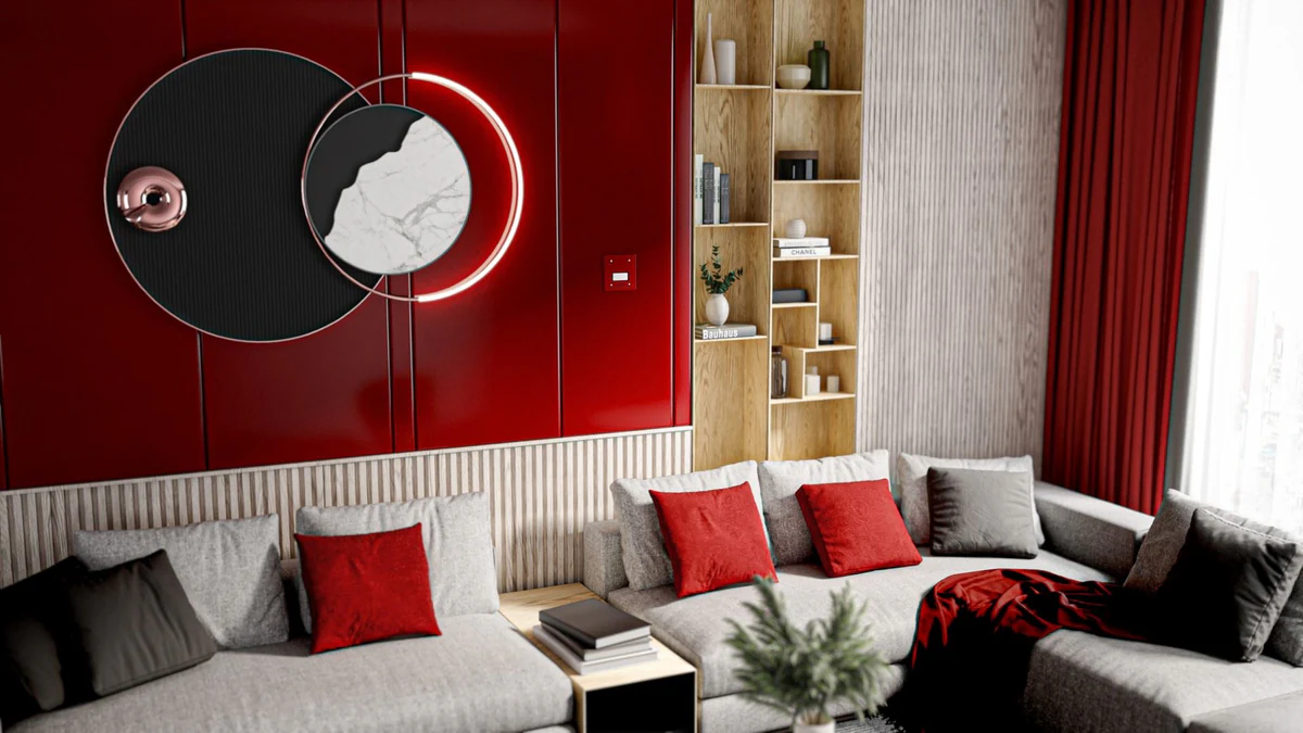 Plumis Automist living room CGI, bold black and red colourway