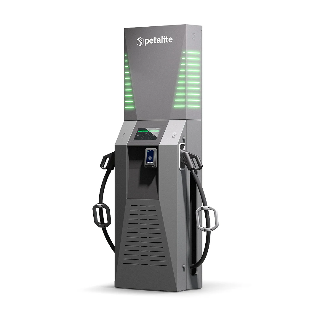 Angled 3D render of the Petalite EV charger showing the full unit design, casing details and cable connection point