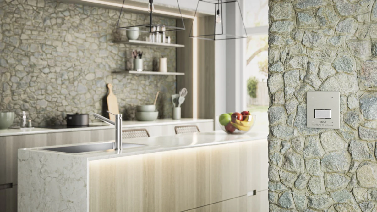 Plumis Automist kitchen CGI, light stone colourway