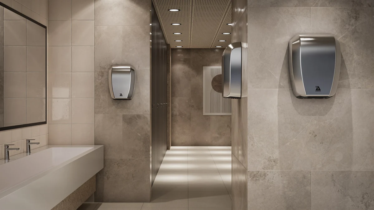 Airdri hand dryer beige-and-brown washroom interior render, variation 12