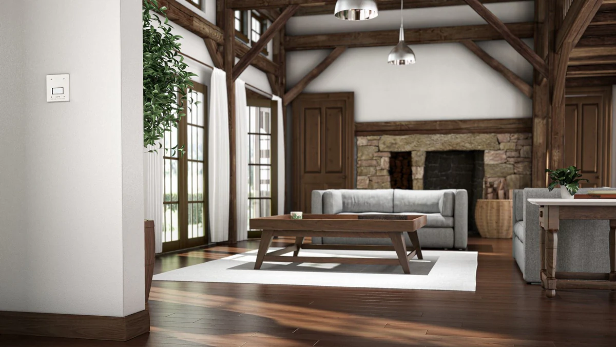 Plumis Automist cabin CGI, dark wood and white colourway