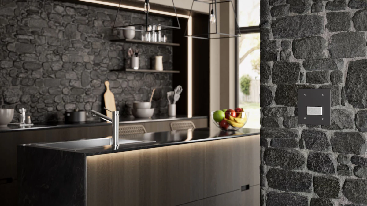 Plumis Automist kitchen CGI, grey brick colourway