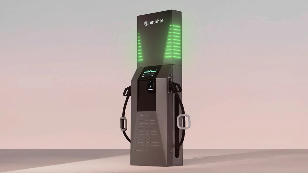 High-resolution 3D still render of the Petalite EV charging system highlighting structural details, surface finishes and key connection features