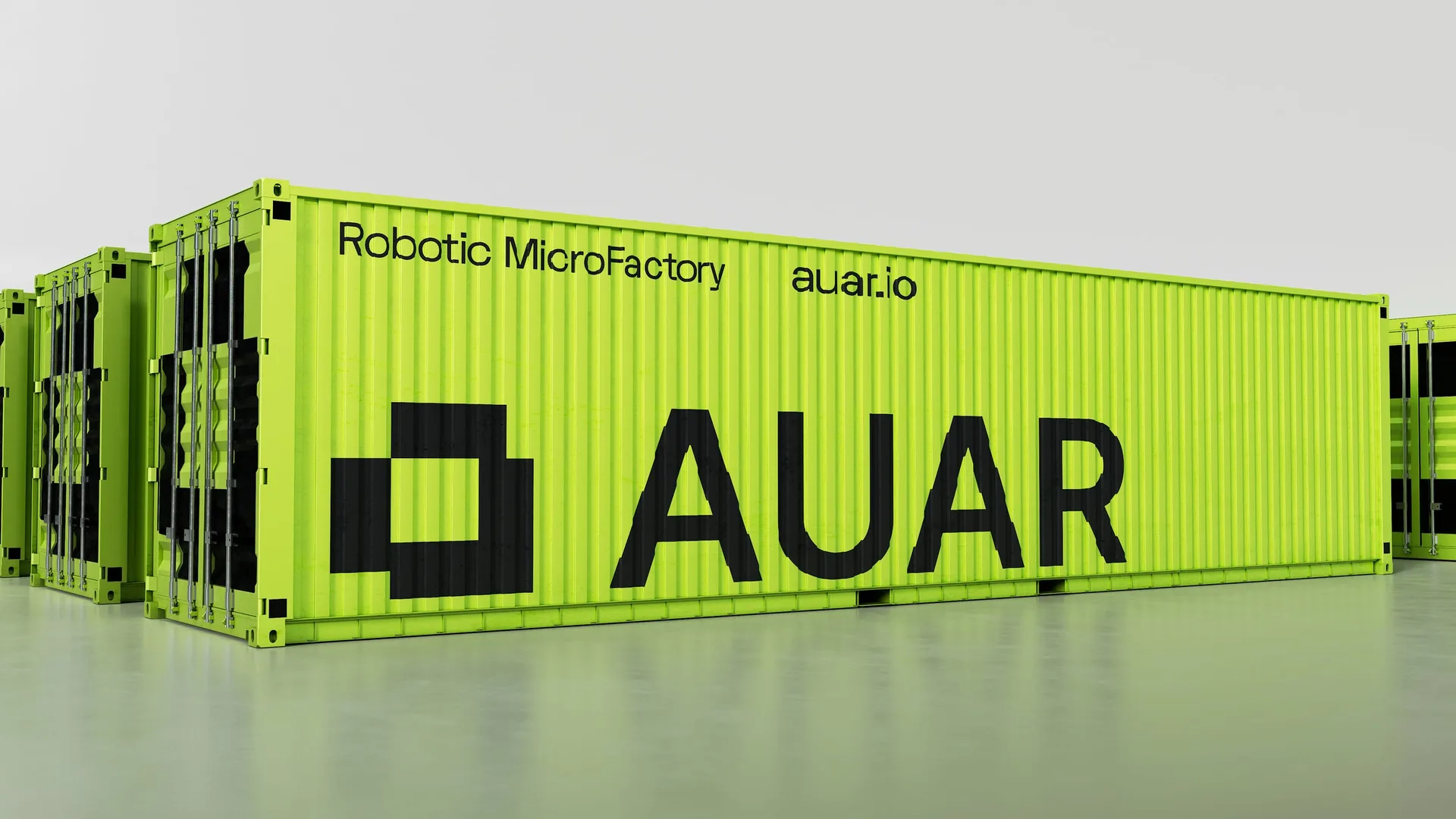 Bright green AUAR Robotic MicroFactory shipping container in a clean studio render