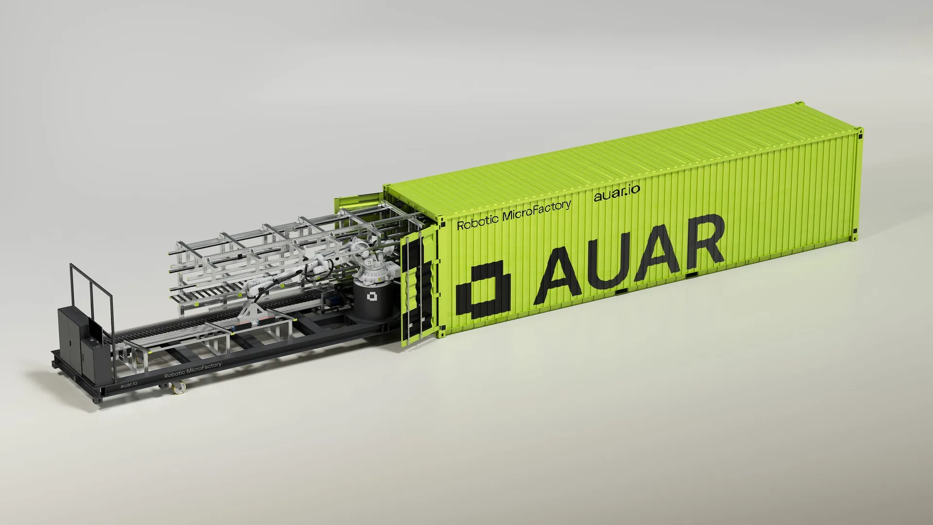 Three-quarter view of the AUAR container connected to the deployed robot cell
