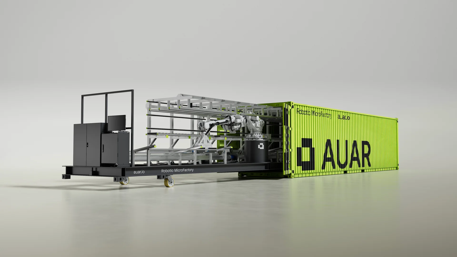 AUAR, final rendered composition B01, robot cell deployed from the green container
