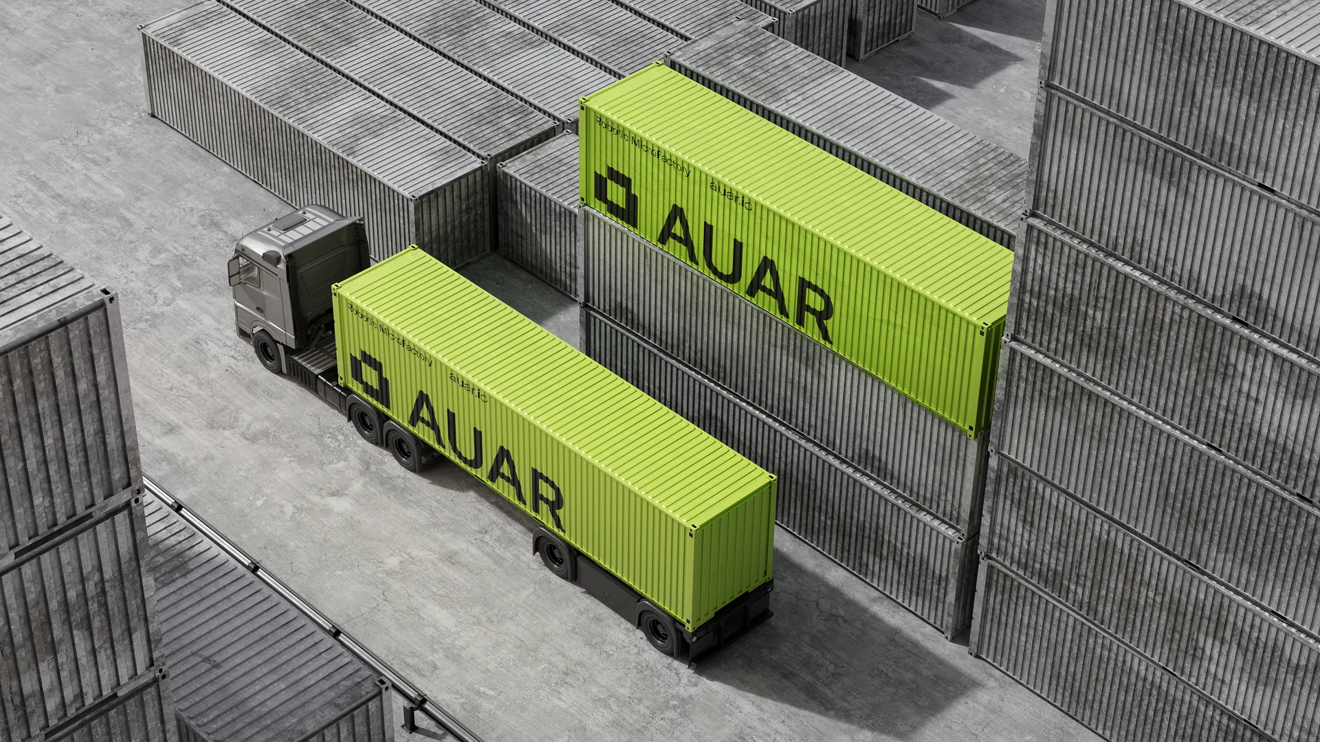 AUAR, final rendered composition C02, MicroFactory containers travelling through the yard