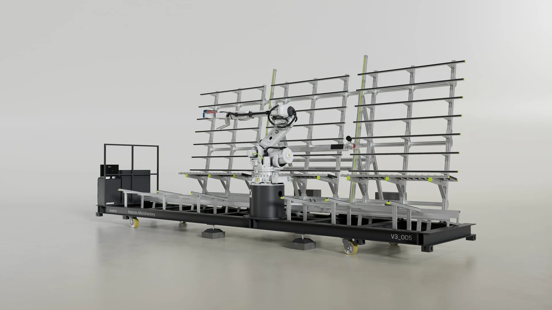 Three-quarter CGI view of the AUAR MicroFactory robot cell and framing rack