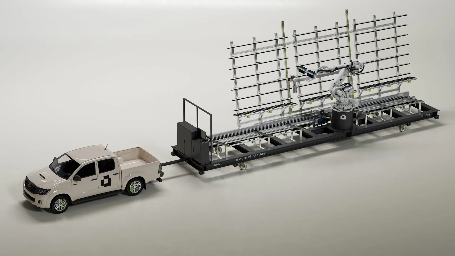 AUAR MicroFactory beside a pickup truck to show the system's working scale