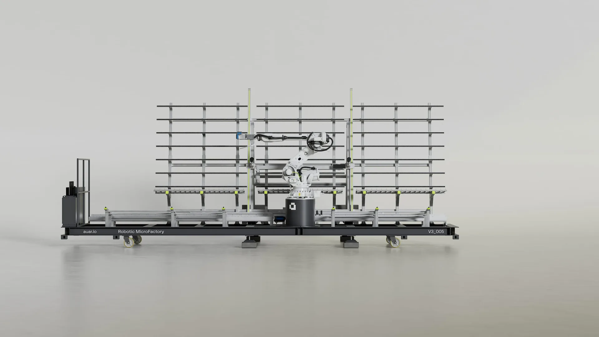 Wide front CGI view of the AUAR MicroFactory robot cell and rail system