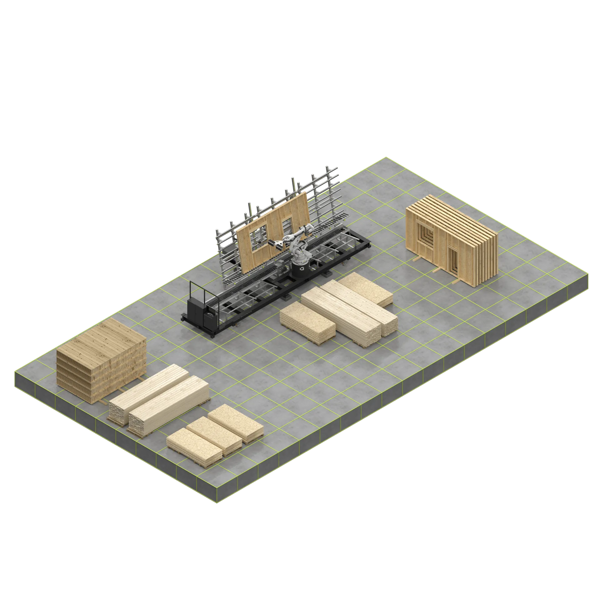 One AUAR robot cell with timber stock arranged across a production site