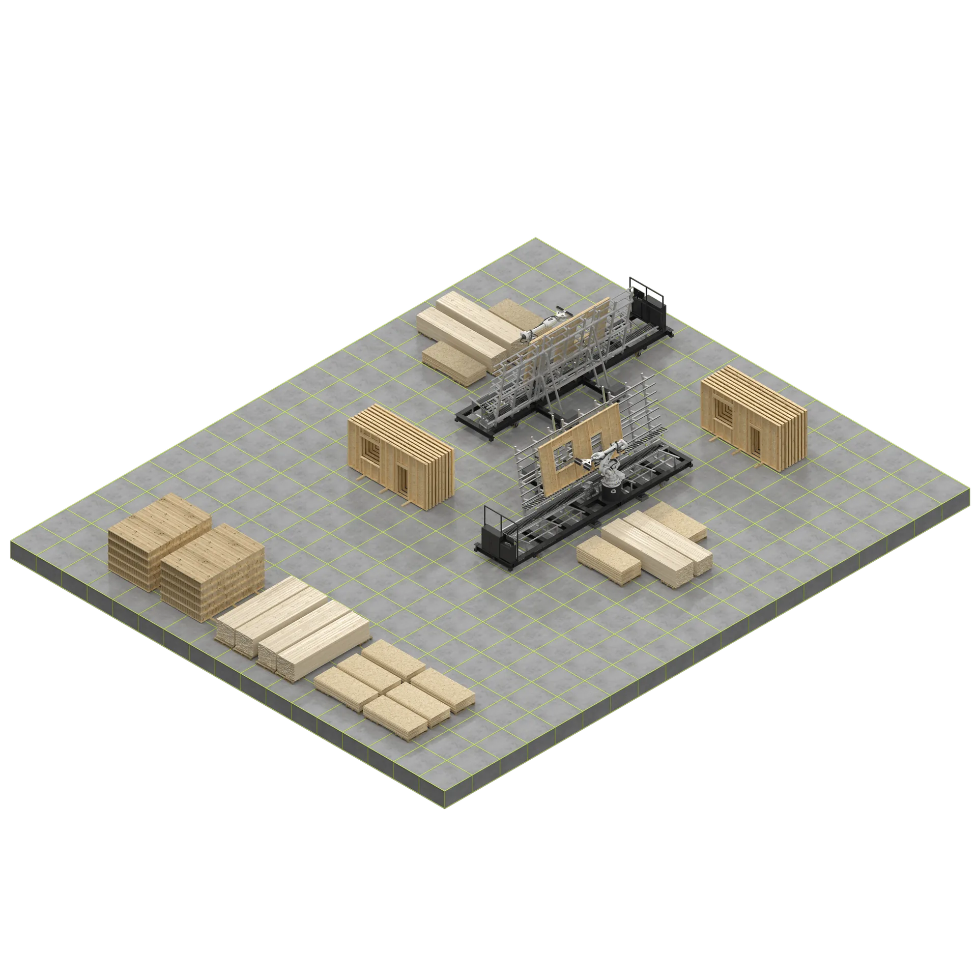 Two AUAR robot cells sharing timber storage across a larger production site