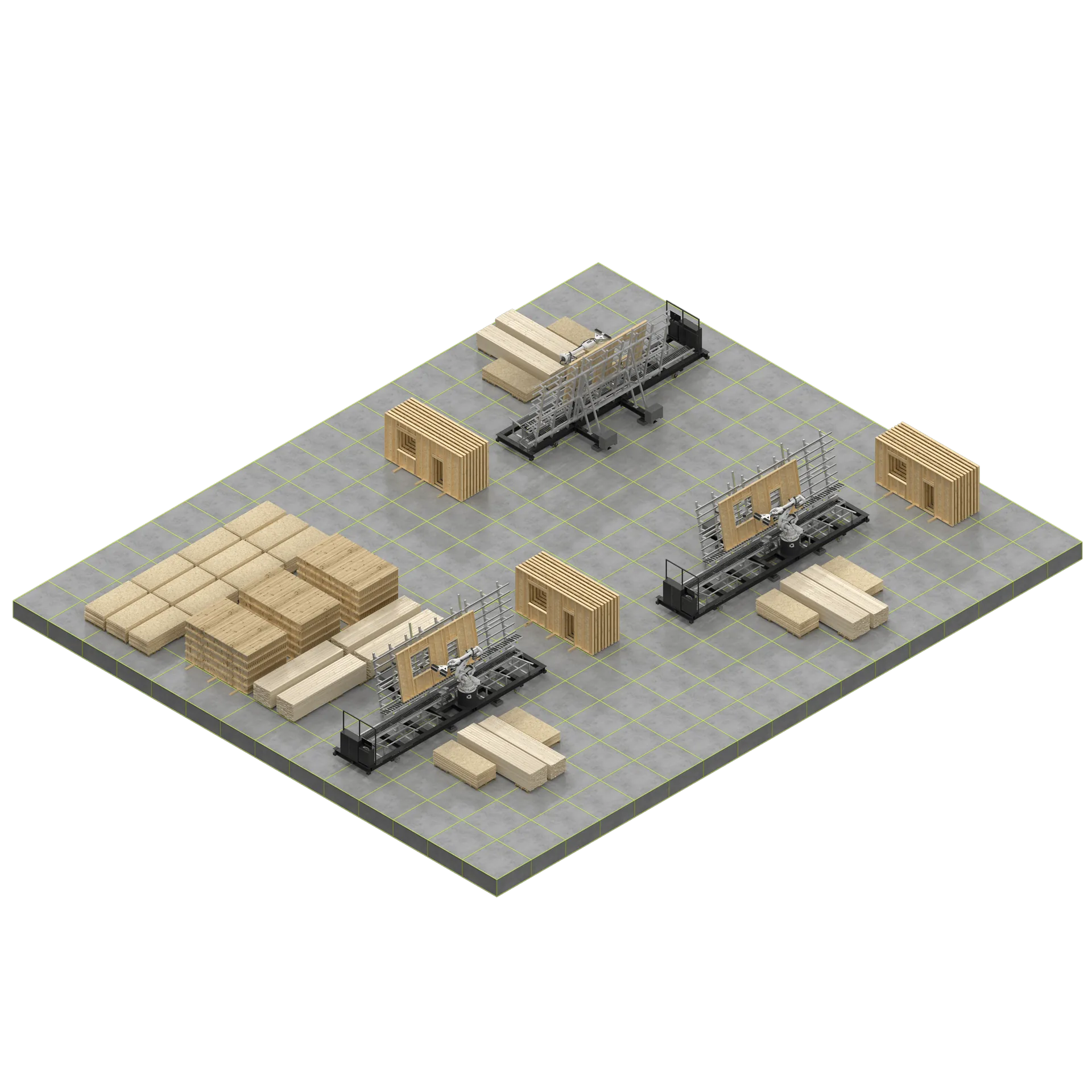Three AUAR robot cells operating across a scaled timber production site