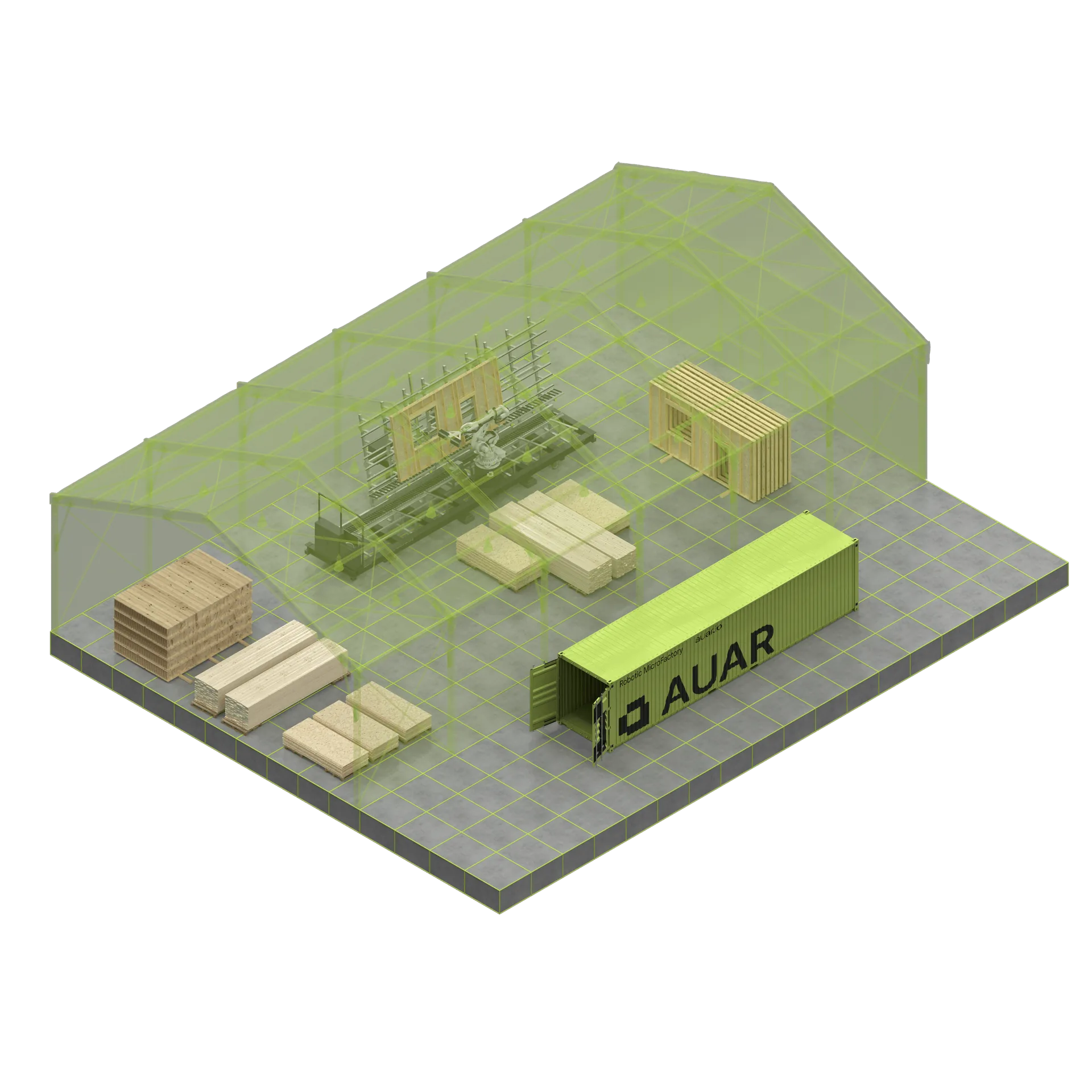 One AUAR MicroFactory container serving a robot cell inside a translucent factory envelope