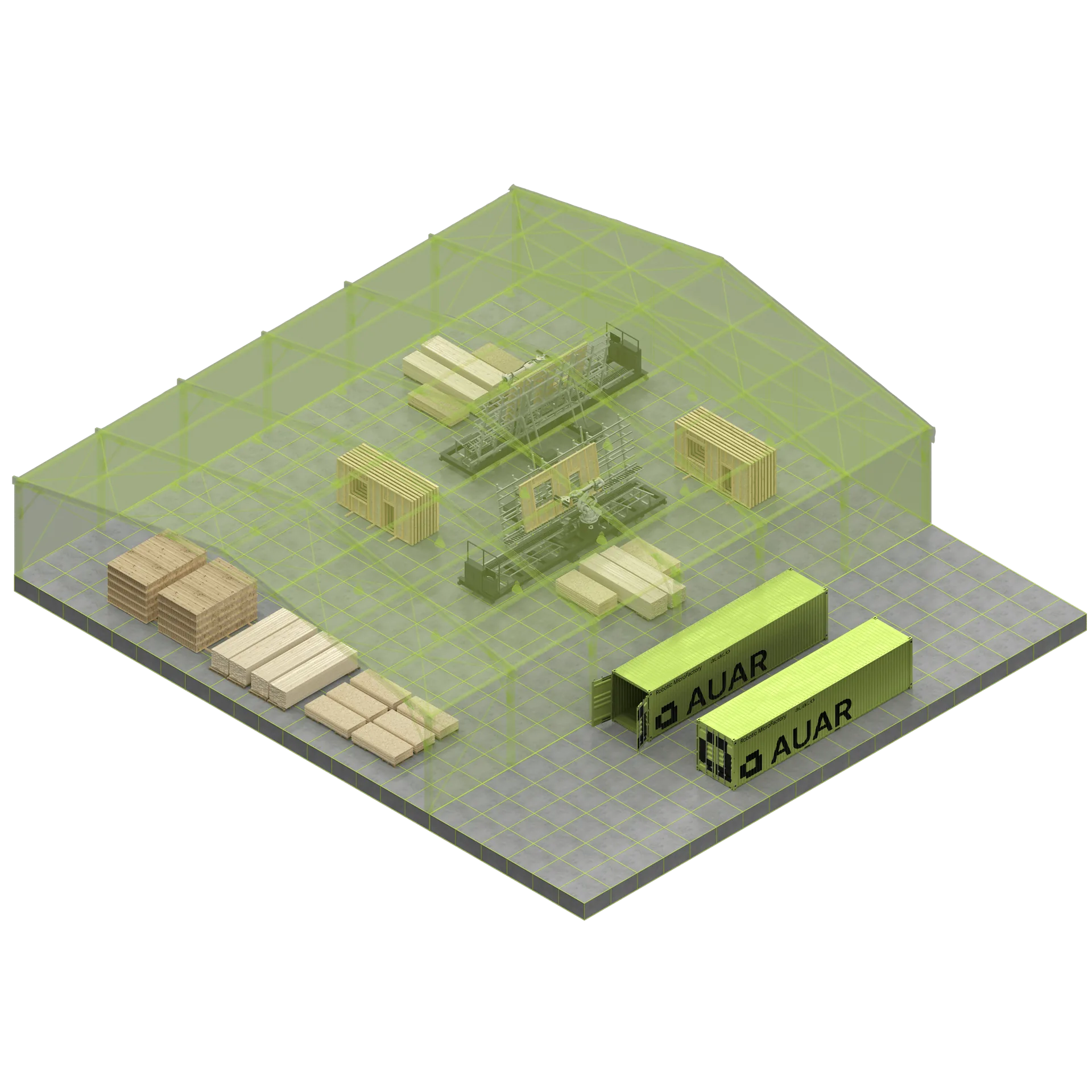 Two AUAR MicroFactory containers serving two robot cells inside a factory envelope