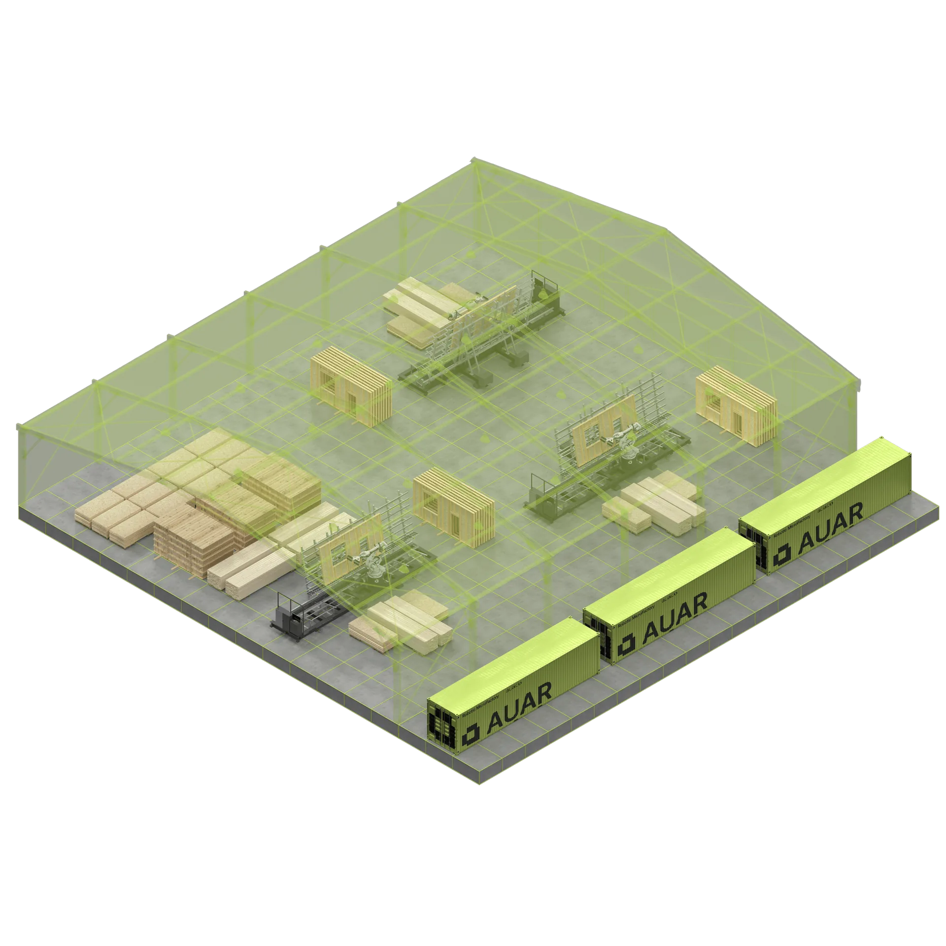 Three AUAR MicroFactory containers serving a scaled multi-cell production site