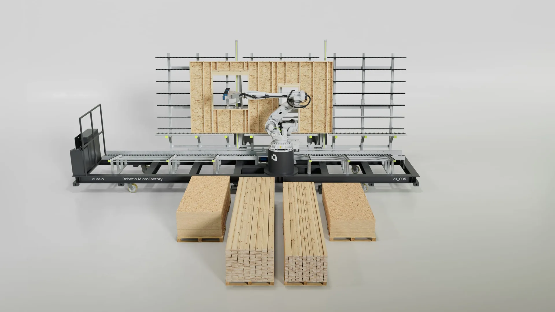 Front CGI view of the AUAR robot cell working behind stacks of timber boards