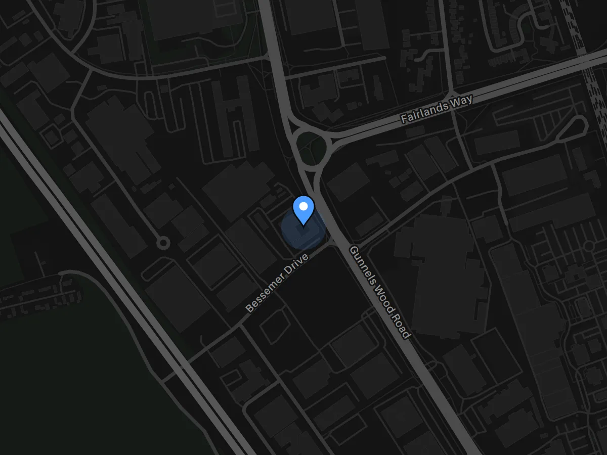 Street map of the XO3D studio at the Business and Technology Centre on Bessemer Drive, Stevenage, beside Gunnels Wood Road