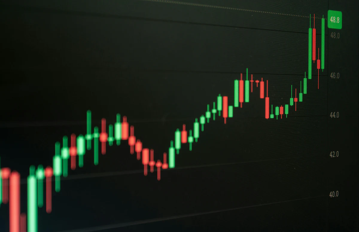 Rising candlestick chart on a trading screen