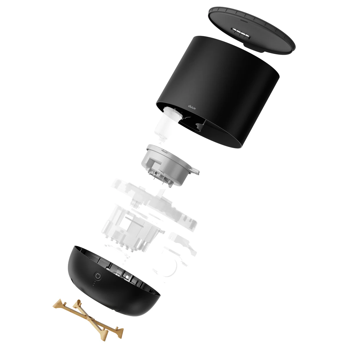 Duux Neo humidifier, Black colourway exploded view CGI render showing replaceable parts