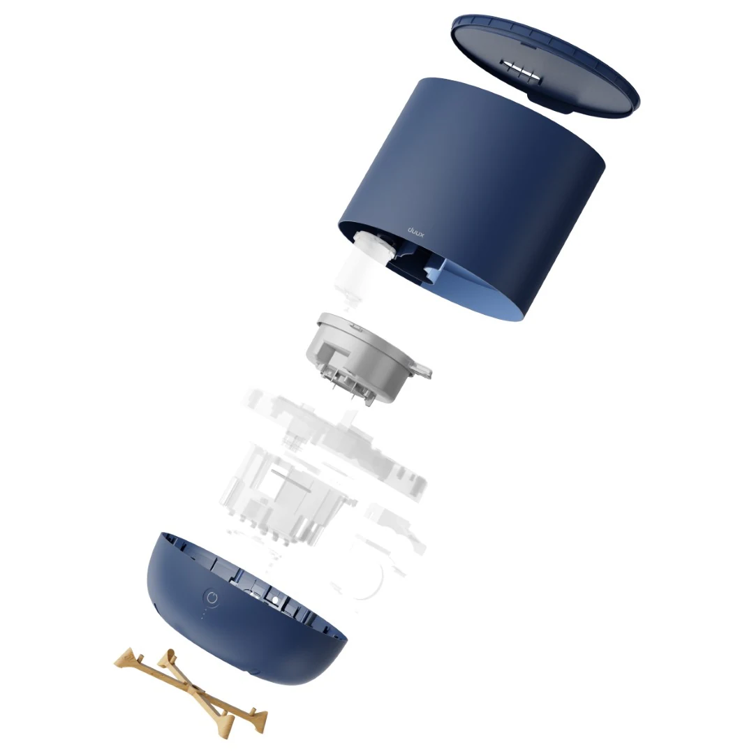 Duux Neo humidifier, Deep Blue colourway exploded view CGI render showing replaceable parts