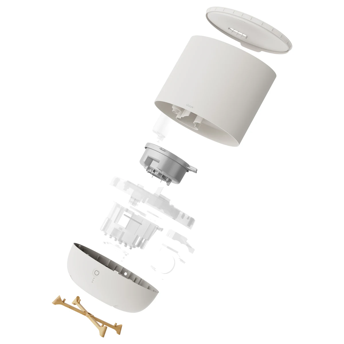 Duux Neo humidifier, Greige colourway exploded view CGI render showing replaceable parts
