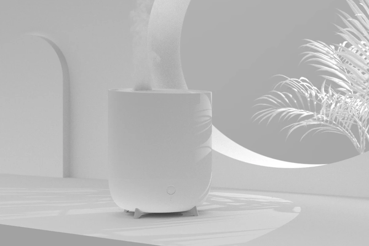 Duux Neo humidifier, lifestyle scene with simulated mist